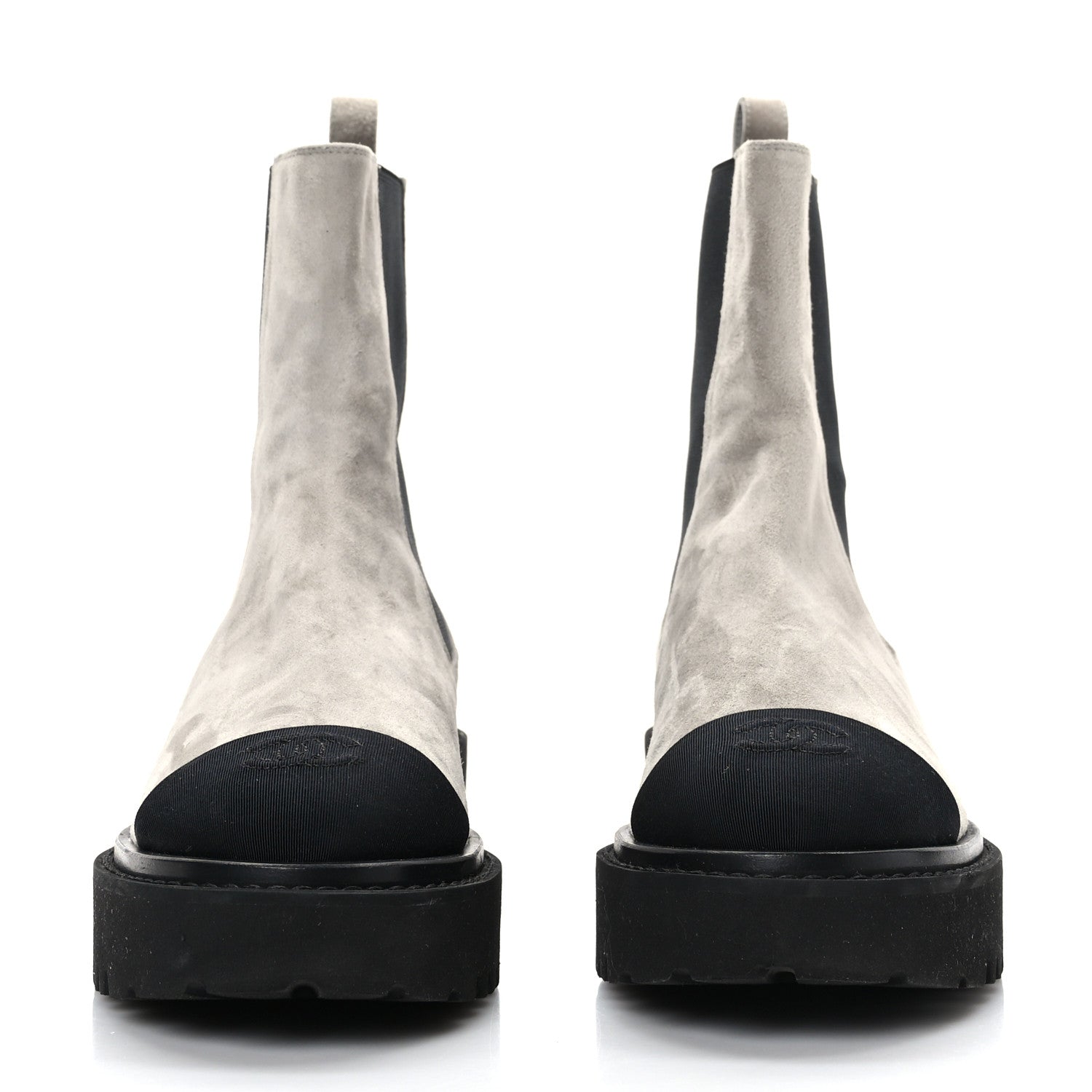 Chanel Suede Calfskin Grossgrain Cap Toe CC Ankle Boots 37.5 Light 37.5 Grey Black 2 of 9