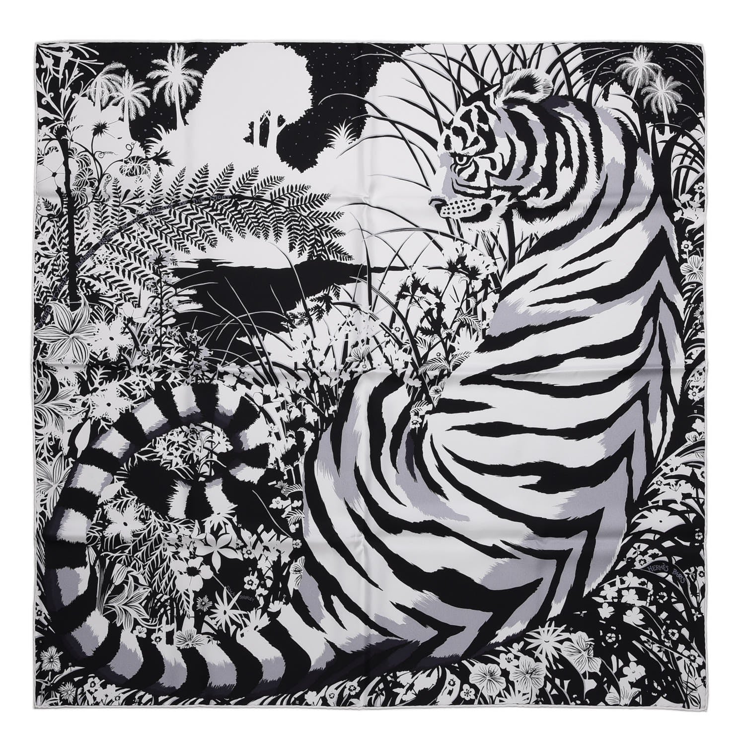 Hermes Silk Tyger Tyger Scarf 90 Noir Blanc Gris 1 of 10