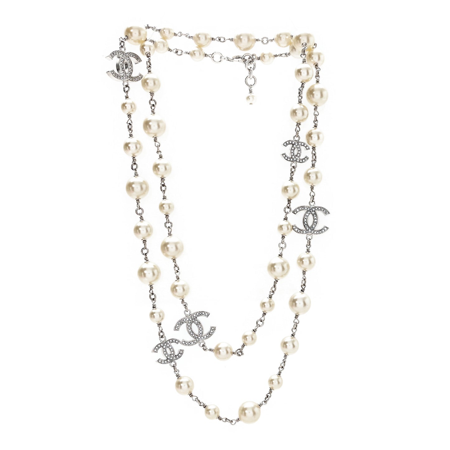 Graduated Pearl Crystal CC Long Necklace Silver