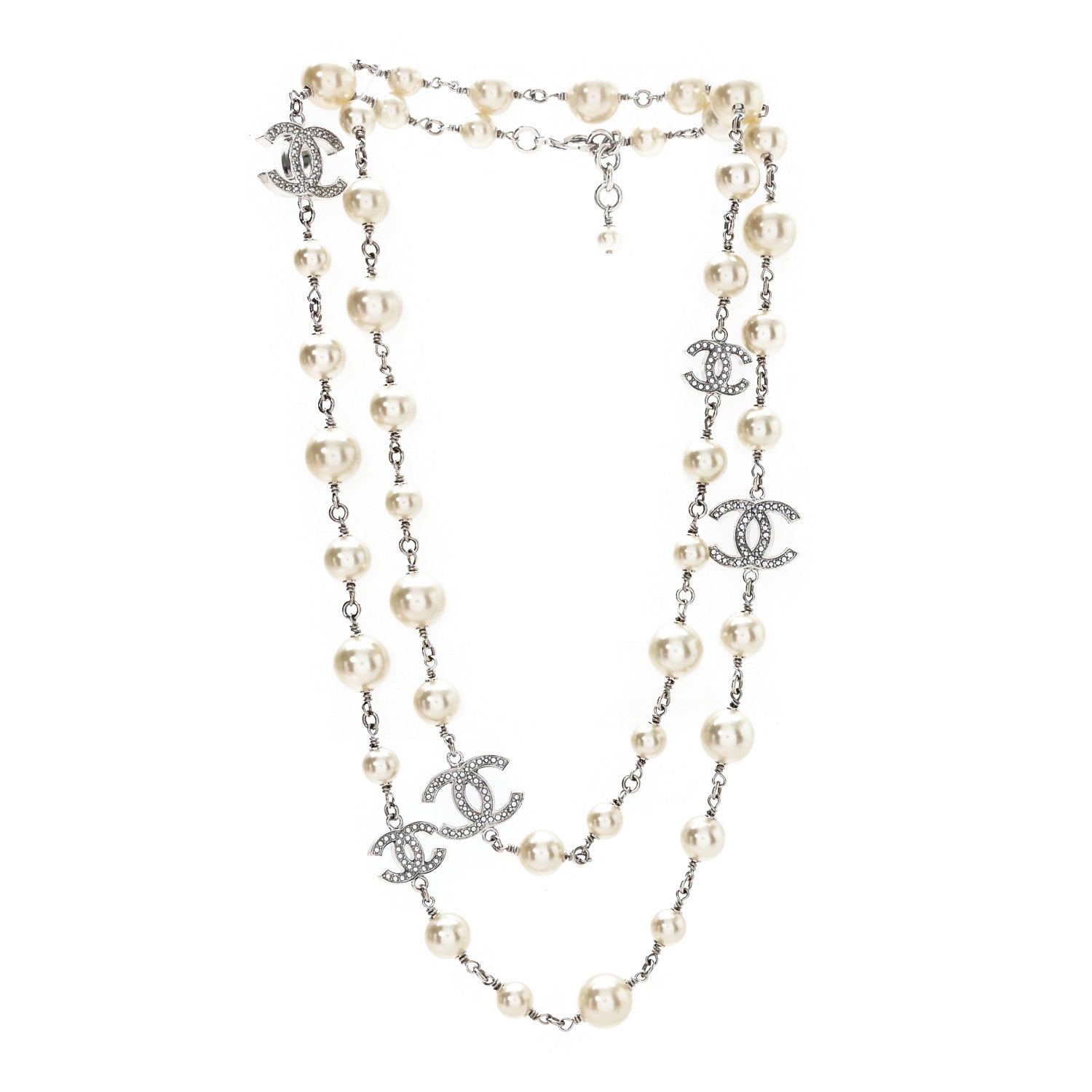 Chanel Graduated Pearl Crystal CC Long Necklace Silver 3 of 5