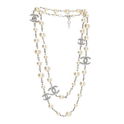Chanel Graduated Pearl Crystal CC Long Necklace Silver 3 of 5