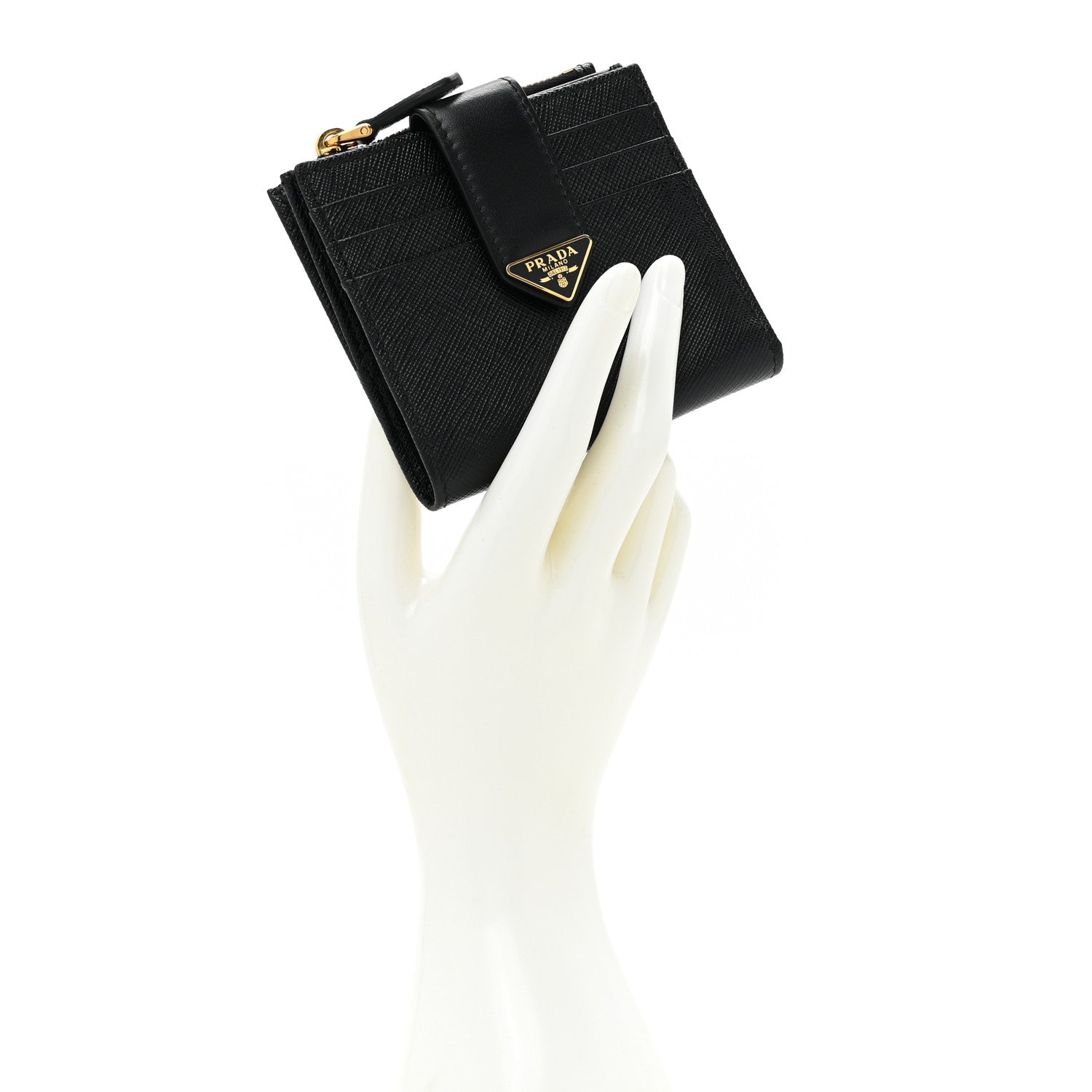 Prada Saffiano Tab Small Triangle Compact Wallet Black 2 of 11