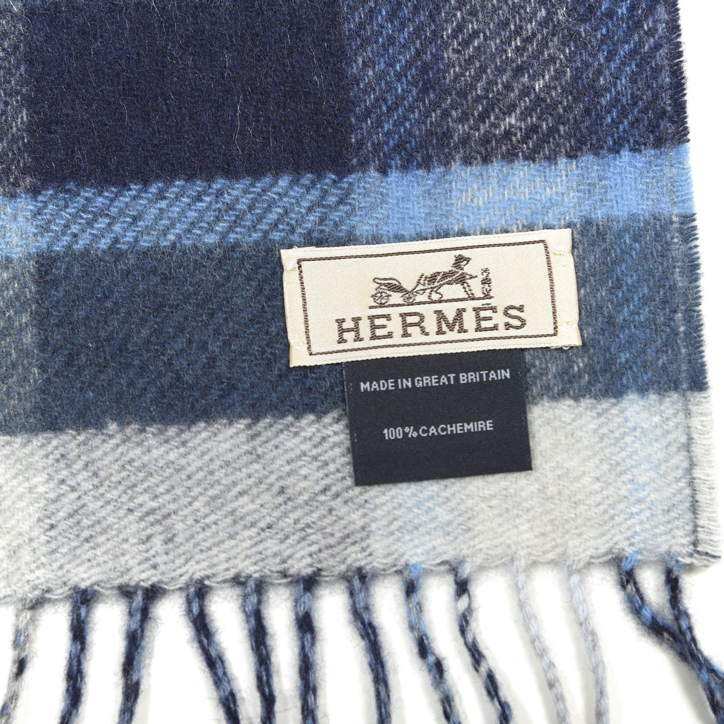 Cashmere HER-MES Tartan Muffler Ciel Gris Bleu Marine Ardoise