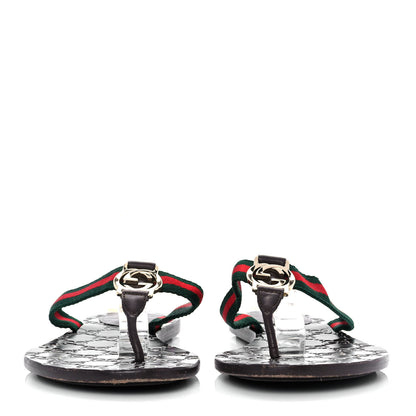 Gucci Nylon Calfskin Web GG Monogram Womens Thong Sandals 37.5 Green Red Cocoa 2 of 7