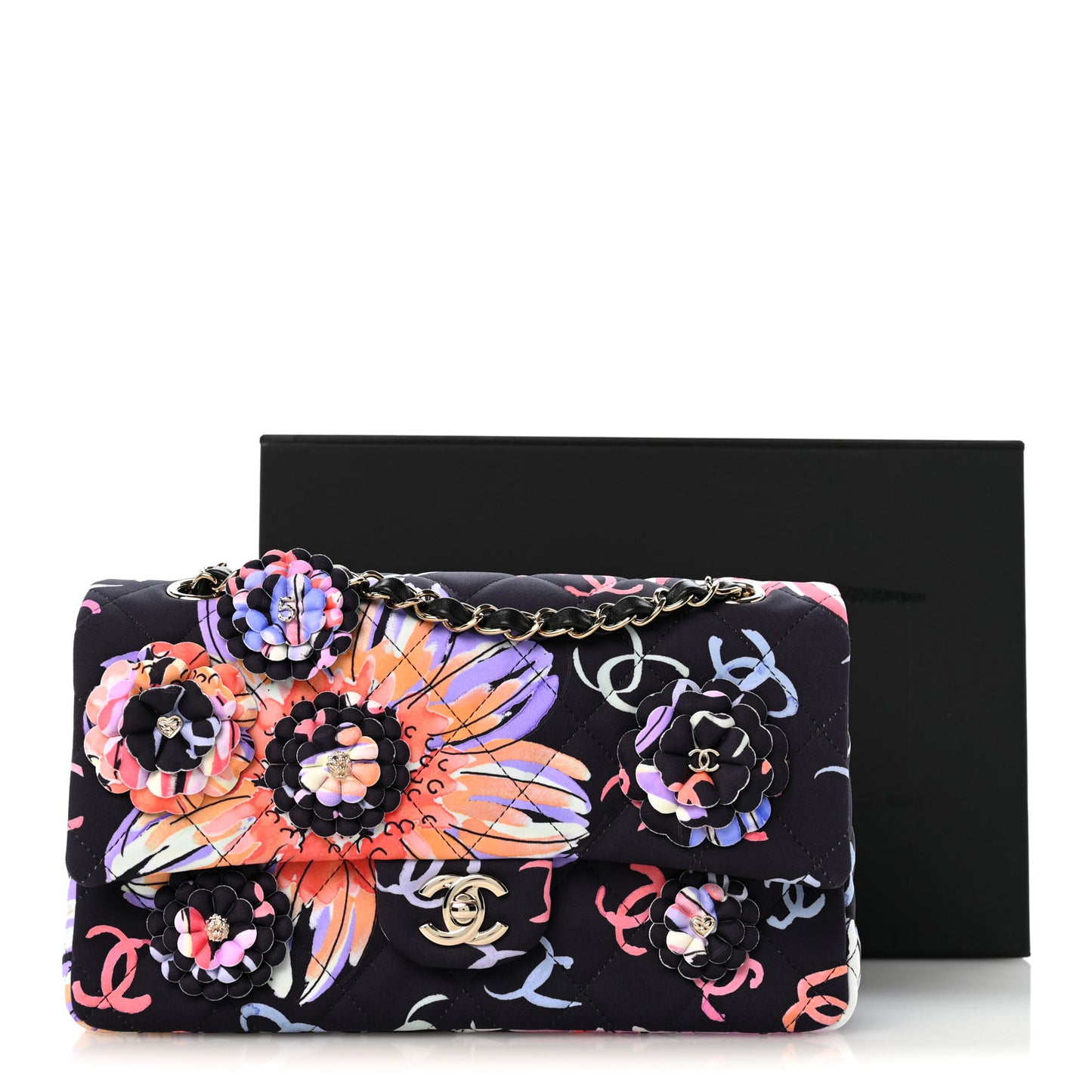 Printed Fabric Quilted Camellia Flap Black Multicolor
