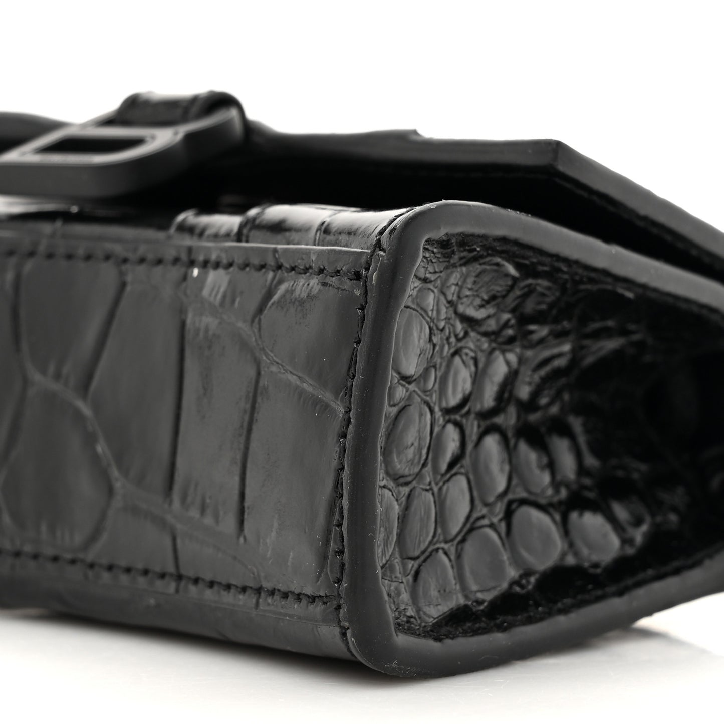 Shiny Calfskin Monochrome Crocodile Embossed Hourglass Top Handle Bag Mini with Chain Black