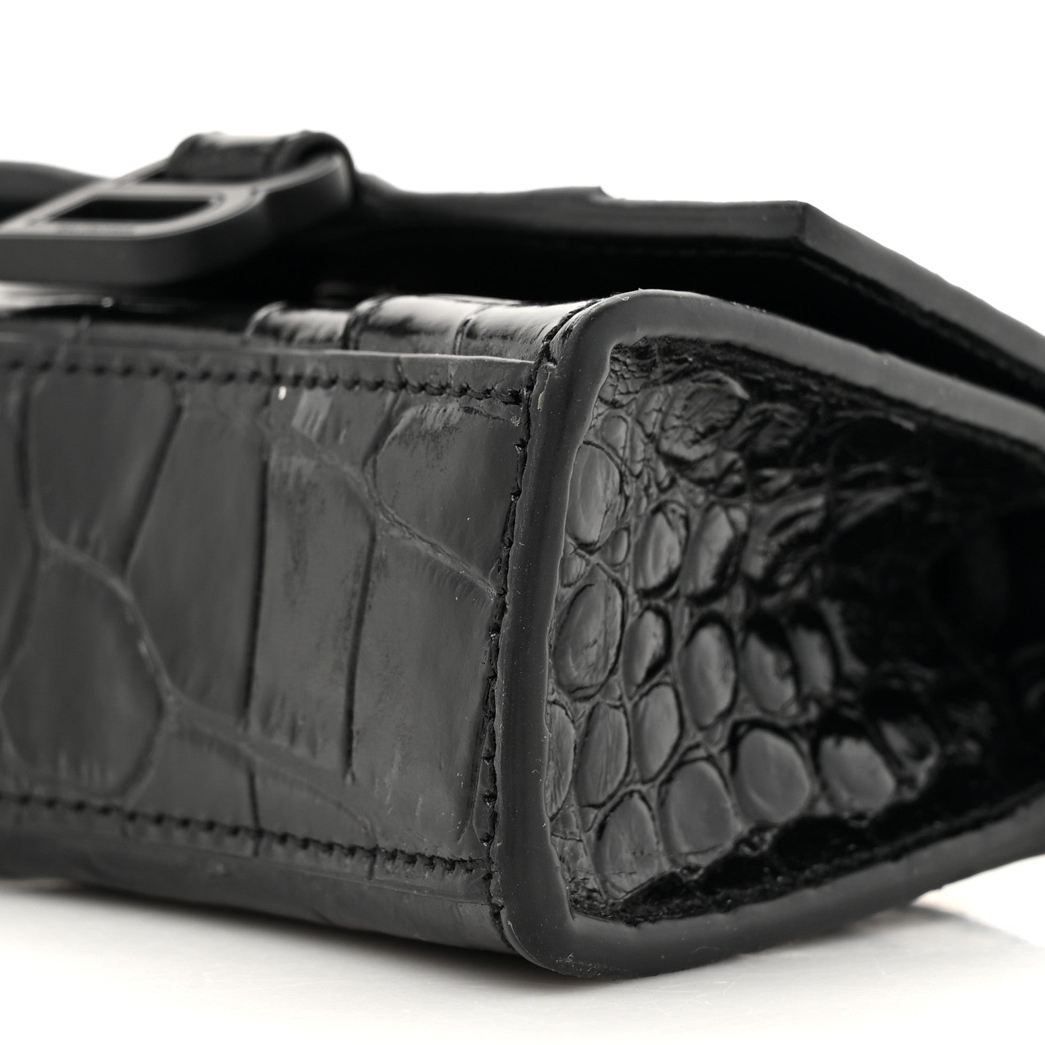 Balenciaga Shiny Calfskin Monochrome Crocodile Embossed Hourglass Top Handle Bag Mini with Chain Black 9 of 11