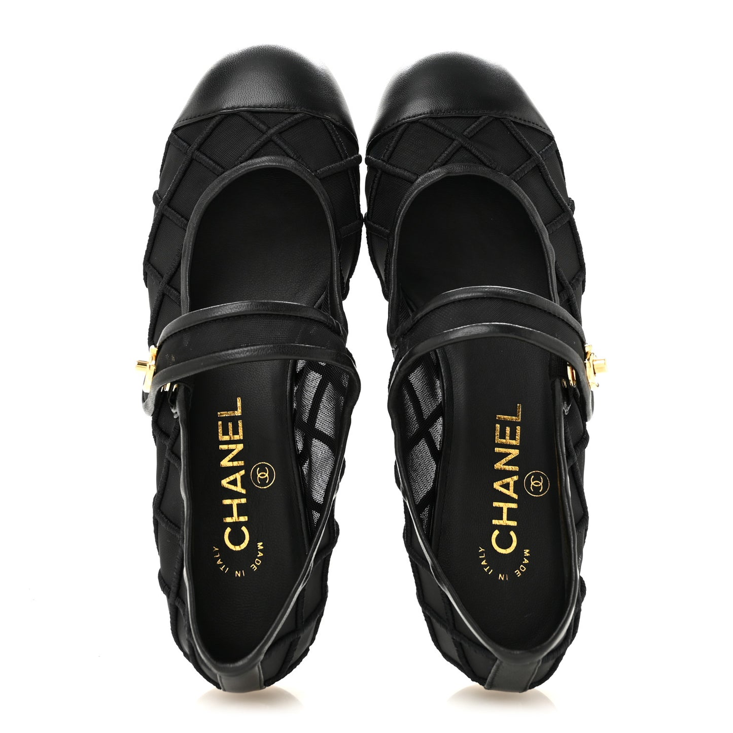 Lambskin Fabric Mesh Quilted Mary Jane Cap Toe Flats 37 Black