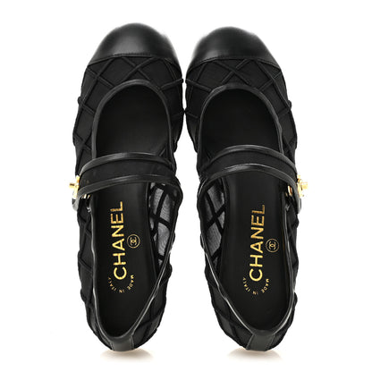 Chanel Lambskin Fabric Mesh Quilted Mary Jane Cap Toe Flats 37 Black 2 of 9