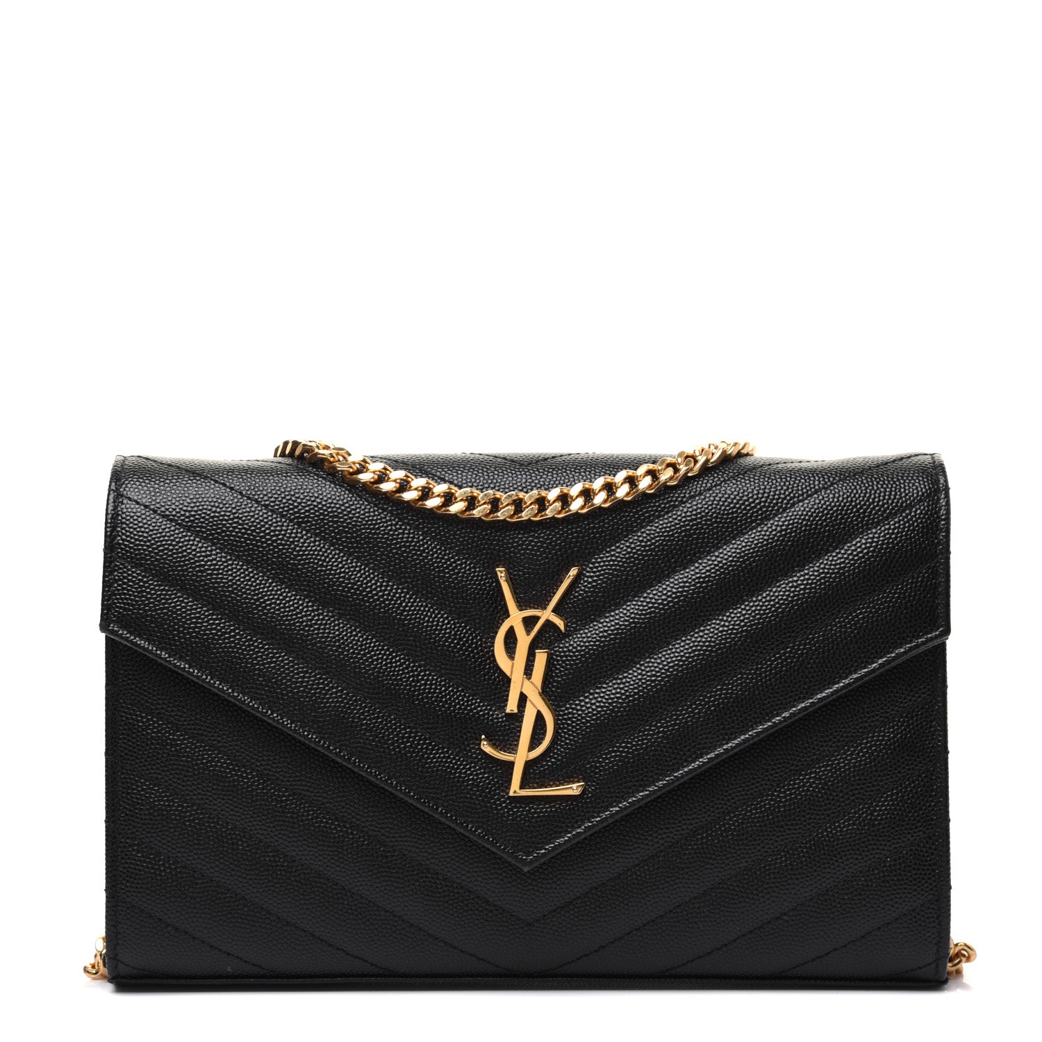 Saint Laurent Grain De Poudre Matelasse Chevron Monogram Chain Wallet Black 1 of 17