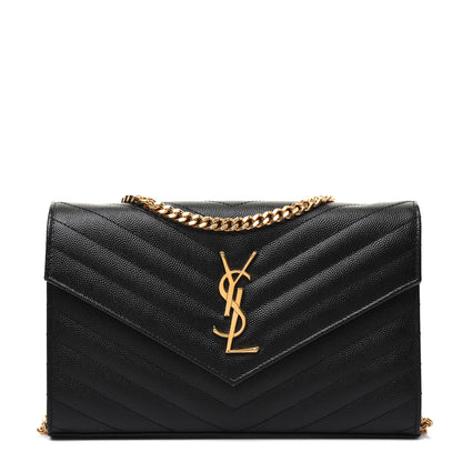 Saint Laurent Grain De Poudre Matelasse Chevron Monogram Chain Wallet Black 1 of 17