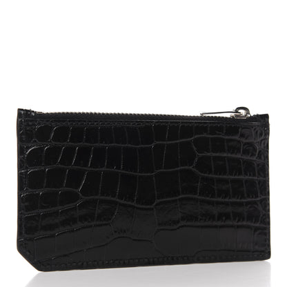 Saint Laurent Calfskin Crocodile Embossed 5 Fragments Zip Pouch Card Holder Black 3 of 8