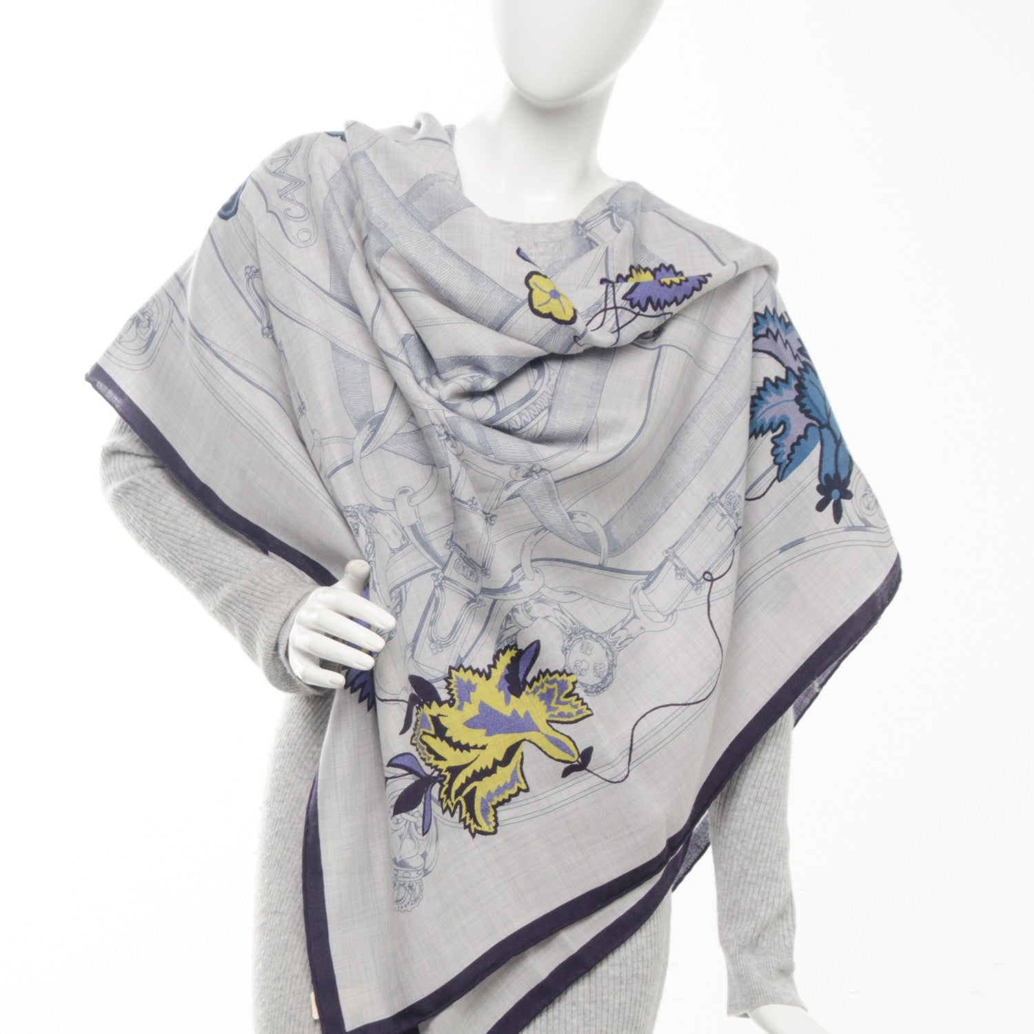 Hermes Cashmere Silk Cavalcadour Shawl 140 Gris Chine Jaune Marine 2 of 7