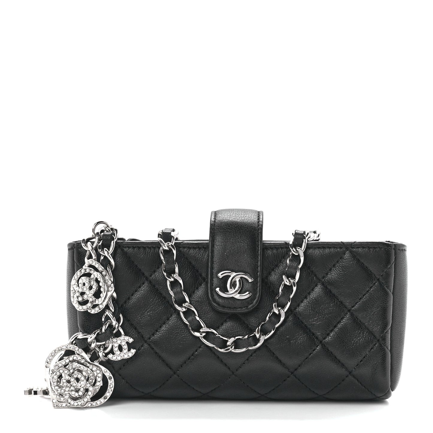 Lambskin Quilted Crystal Valentine Charms Mini Phone Holder Crossbody Bag Black