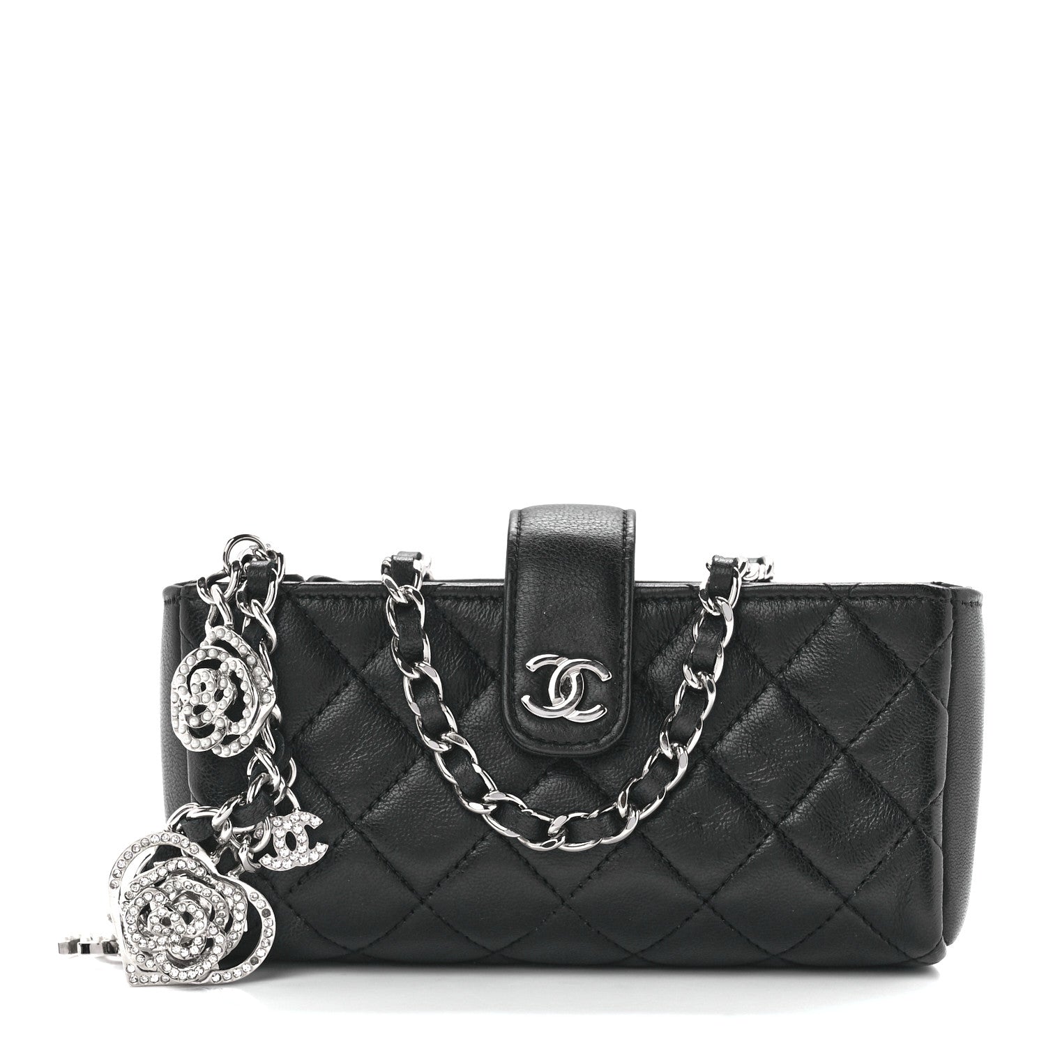 Chanel Lambskin Quilted Crystal Valentine Charms Mini Phone Holder Crossbody Bag Black 1 of 13