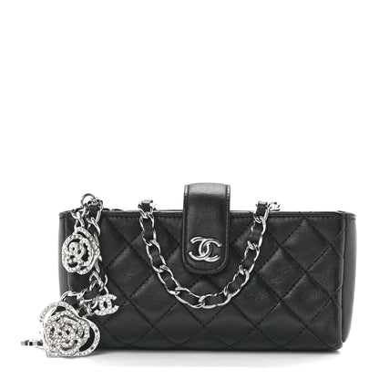 Chanel Lambskin Quilted Crystal Valentine Charms Mini Phone Holder Crossbody Bag Black 1 of 13