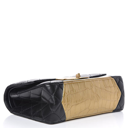 Chanel Lambskin Metallic Calfskin Crocodile Embossed 2.55 Cocodile Reissue 225 Flap Black Gold 4 of 11