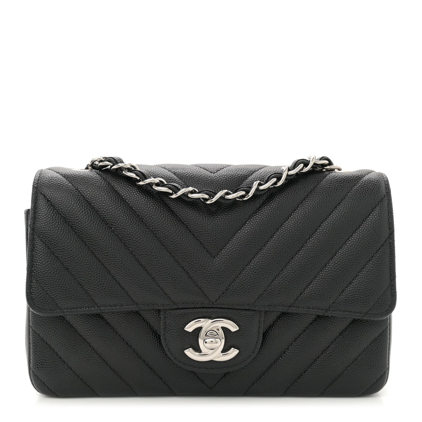 Caviar Chevron Quilted Mini Rectangular Flap Black
