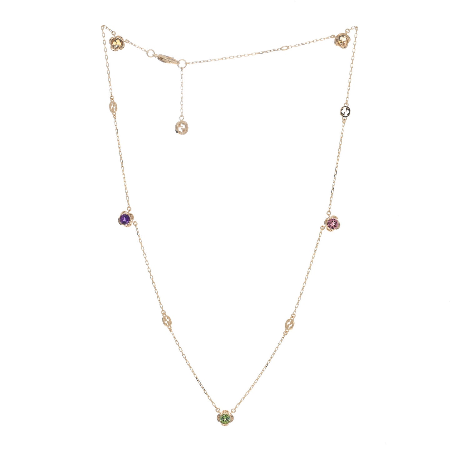 18K Yellow Gold Green Beryl Amethyst Pink Tourmaline Citrine GG Station Rainbow Gemstone Necklace