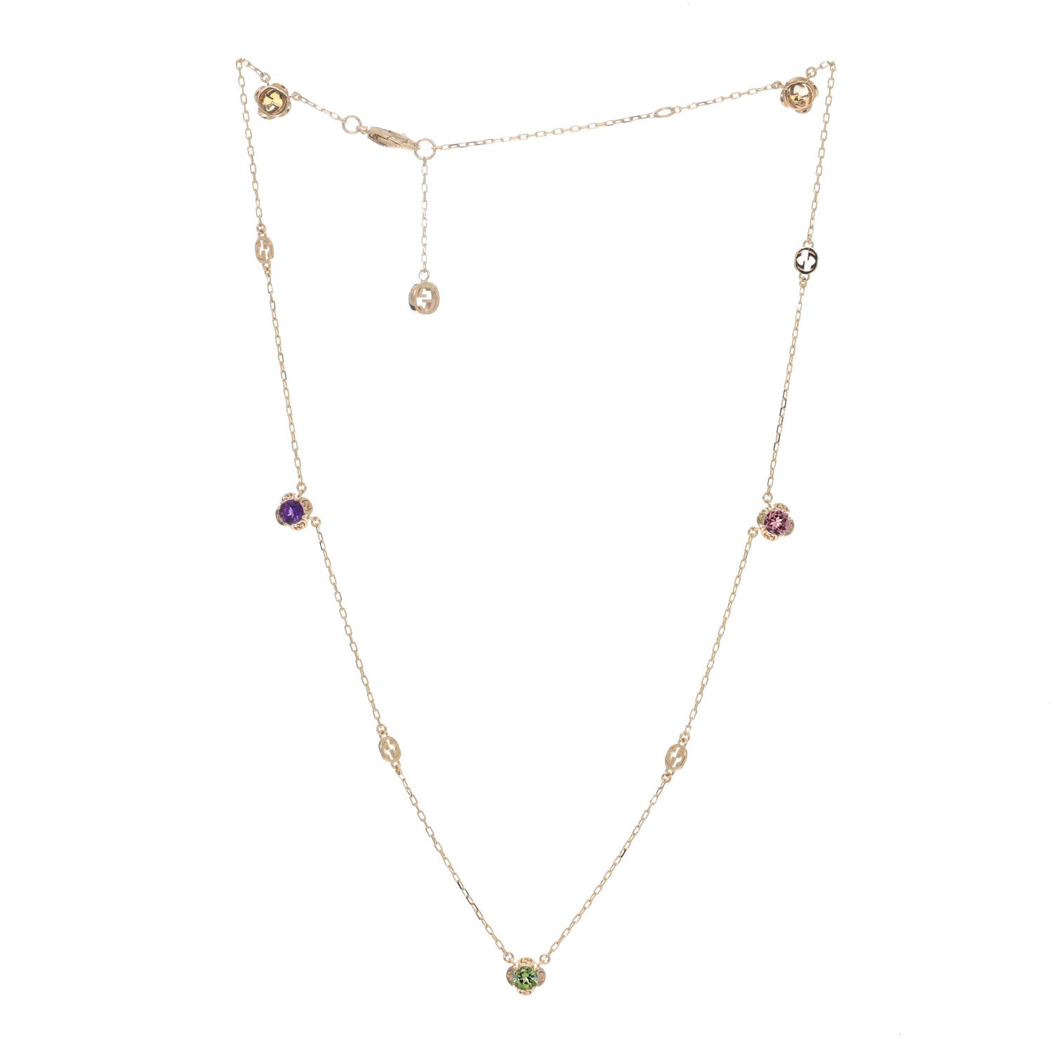 Gucci 18K Yellow Gold Green Beryl Amethyst Pink Tourmaline Citrine GG Station Rainbow Gemstone Necklace 2 of 5