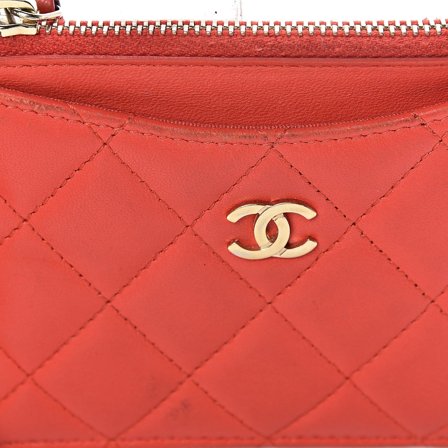 Lambskin Quilted Zip Card Holder Red