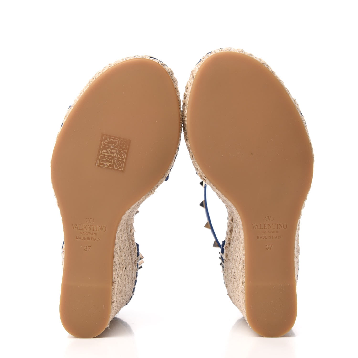 Valentino Garavani Grained Calfskin Rockstud Ankle Strap Espadrille 15/105mm Wedge Sandals 37 Blu Delft Natural 5 of 8