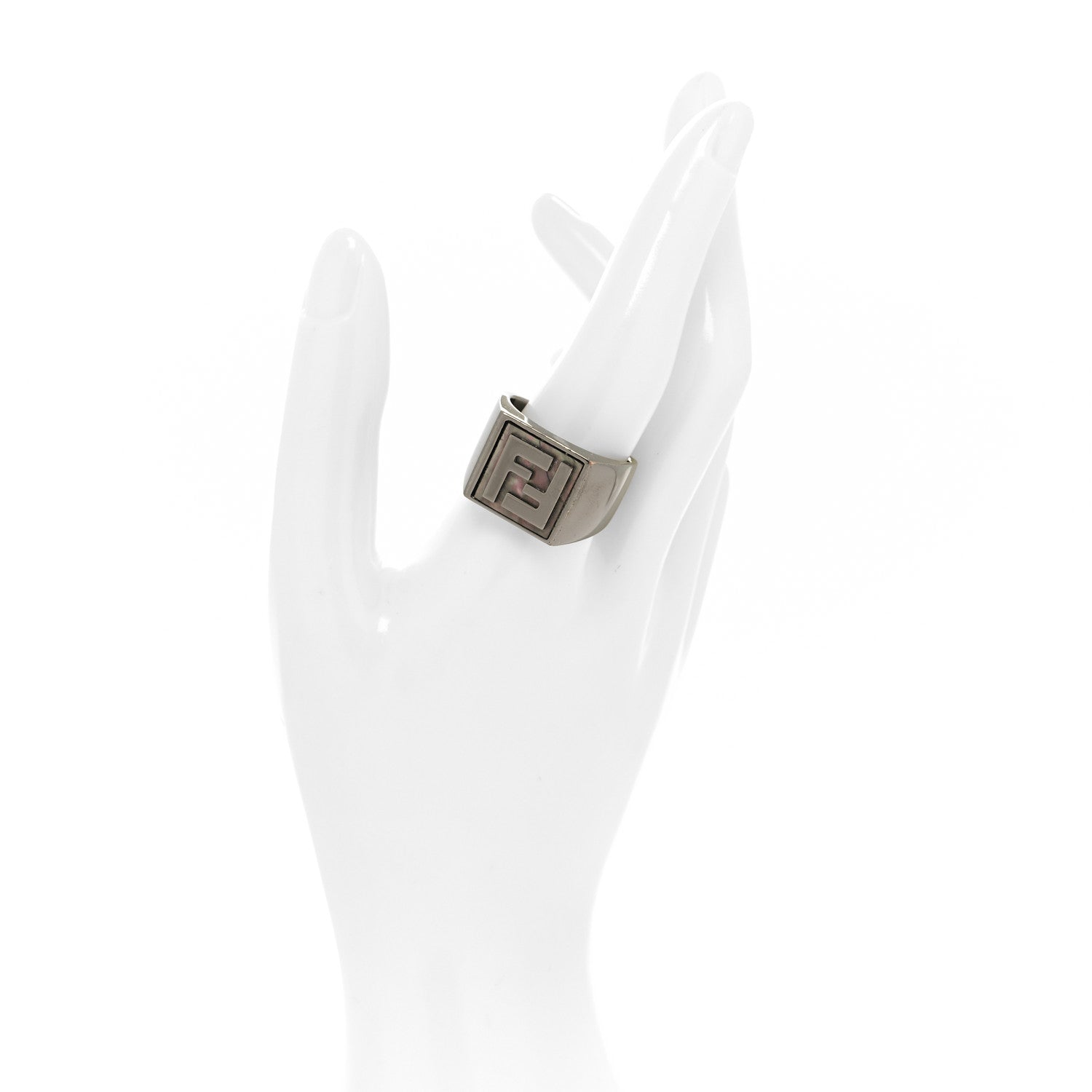 Fendi Ruthenium Mother of Pearl FF Signet Ring L 2 of 4