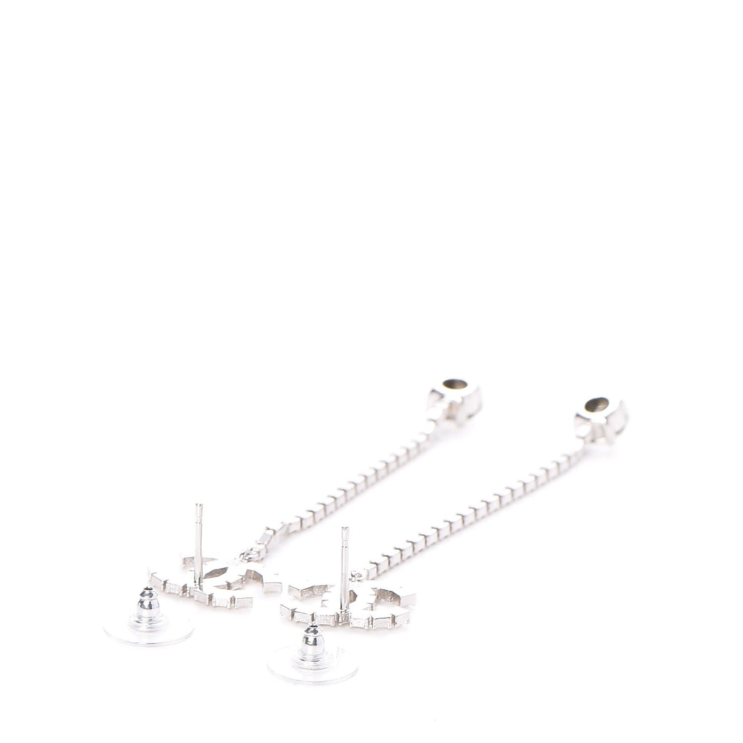 Metal Baguette Round Crystal CC Drop Long Earrings Silver