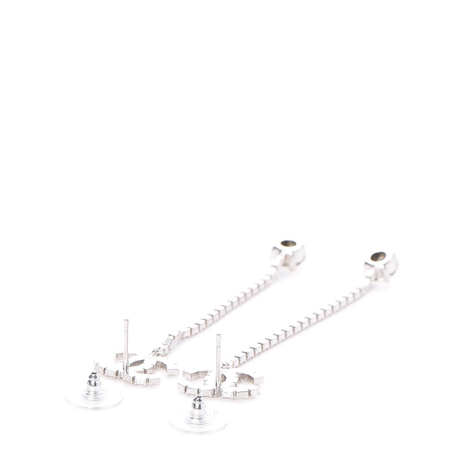 Chanel Metal Baguette Round Crystal CC Drop Long Earrings Silver 3 of 5