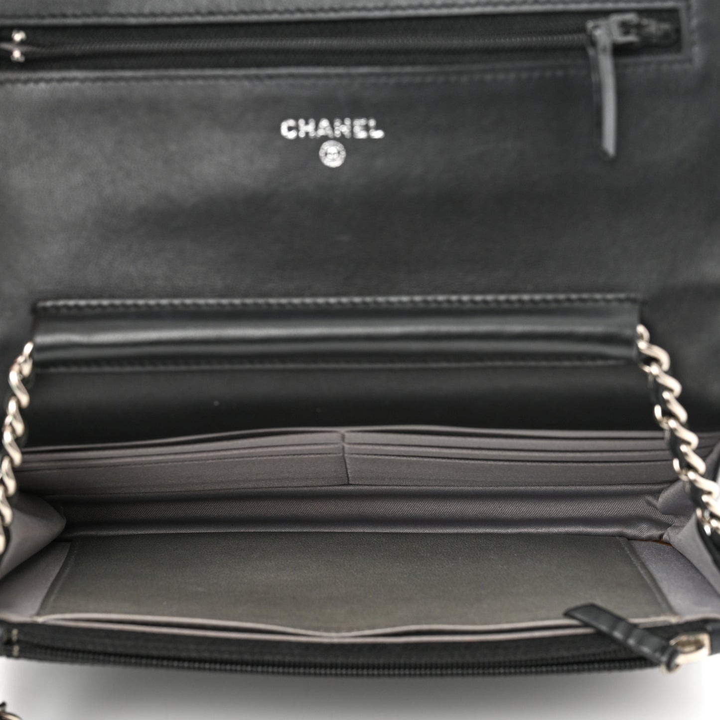 Lambskin Camellia Embossed Wallet on Chain WOC Black