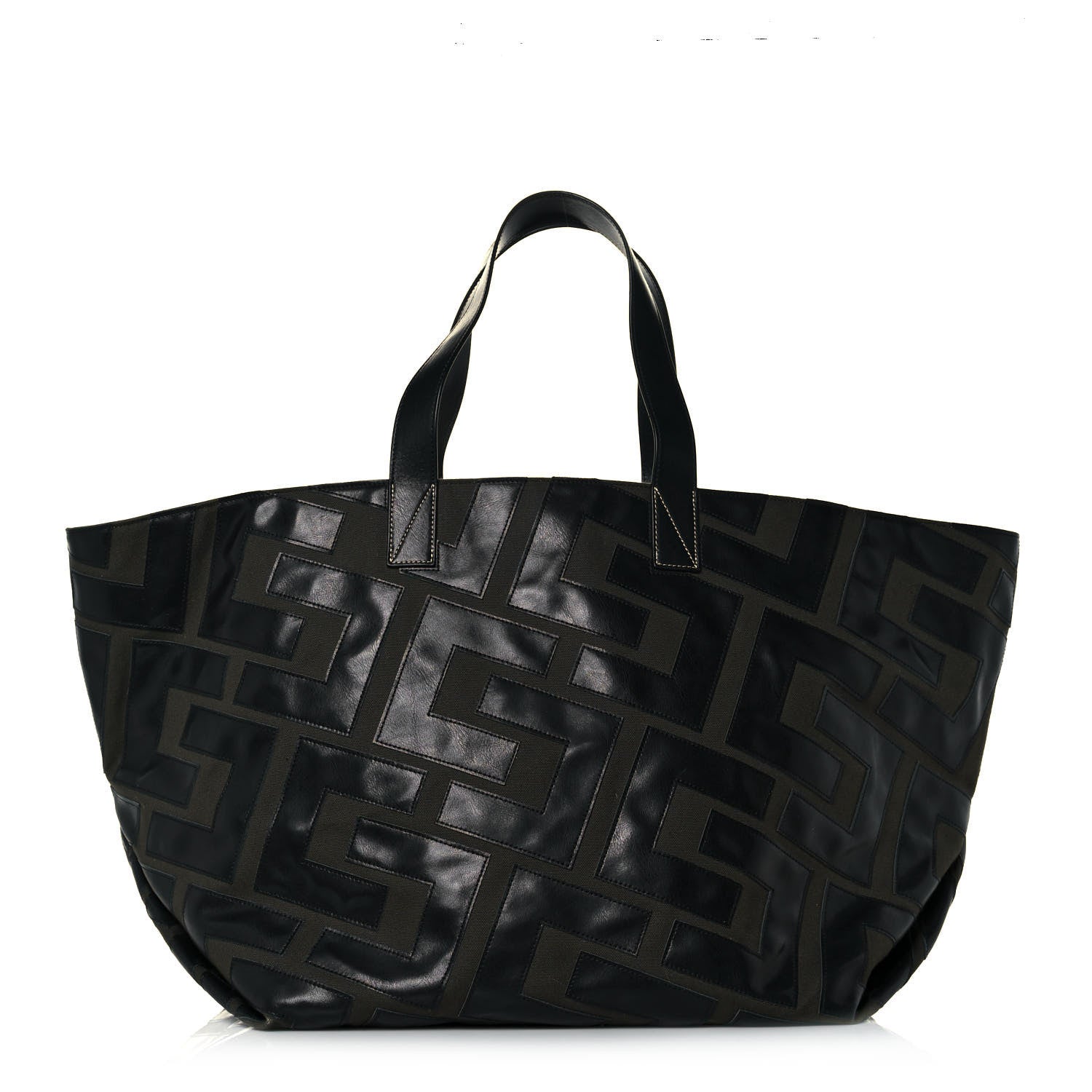 Celine Calfskin Logo Patchwork Cabas Dark Green Black 3 of 15