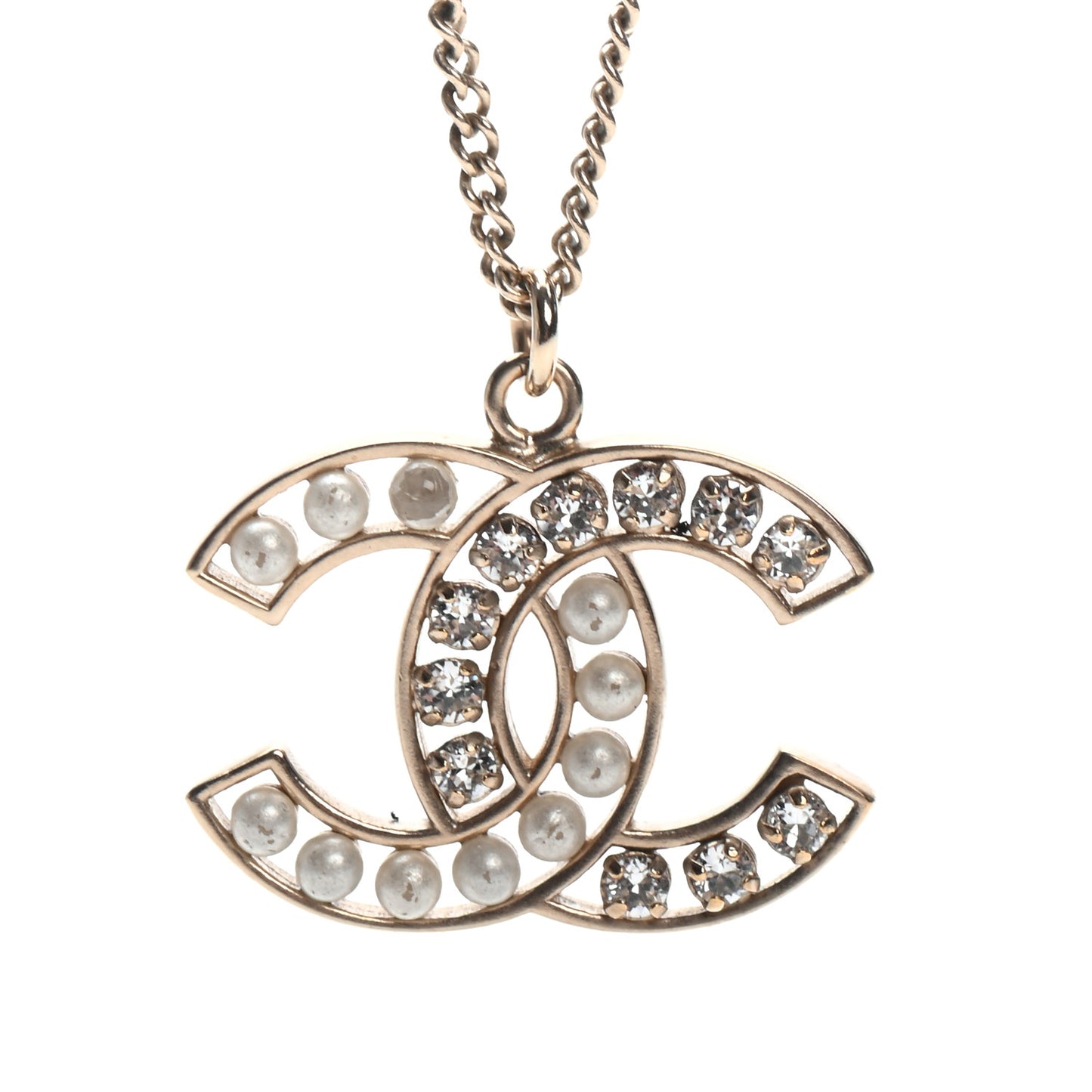 Pearl Crystal CC Pendant Necklace Gold