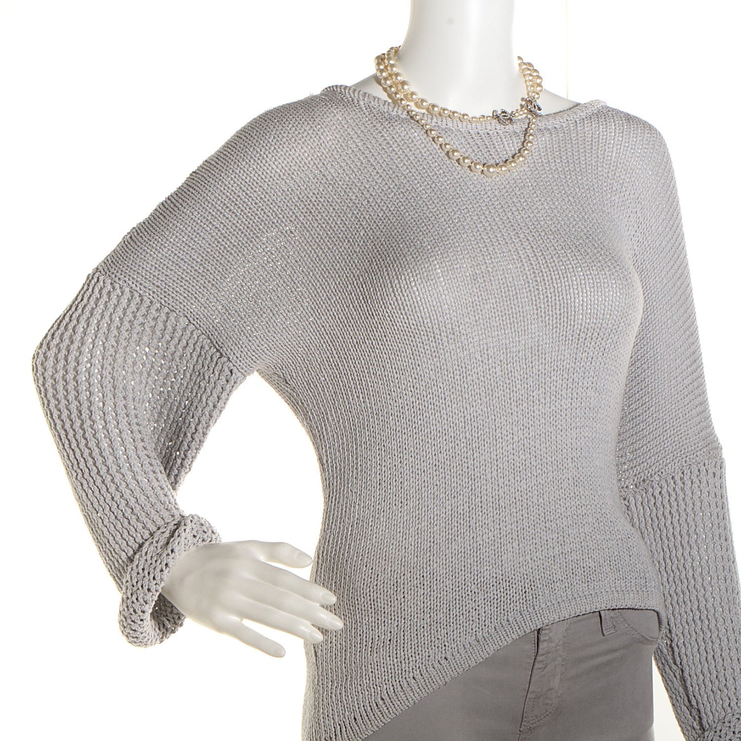 Graduated Pearl CC Long Necklace Silver