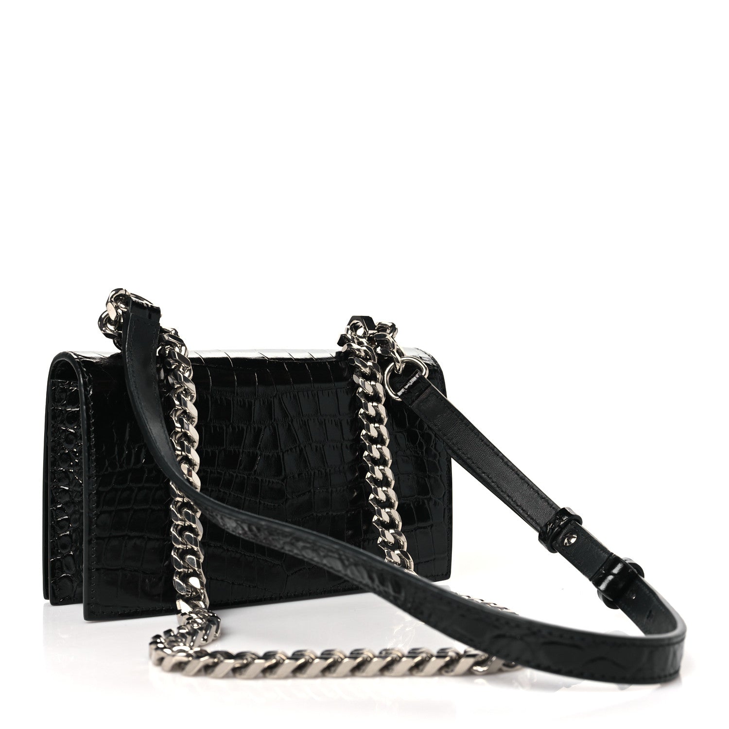 Alexander McQueen Calfskin Shiny Crocodile Embossed Jeweled Satchel Black 3 of 9