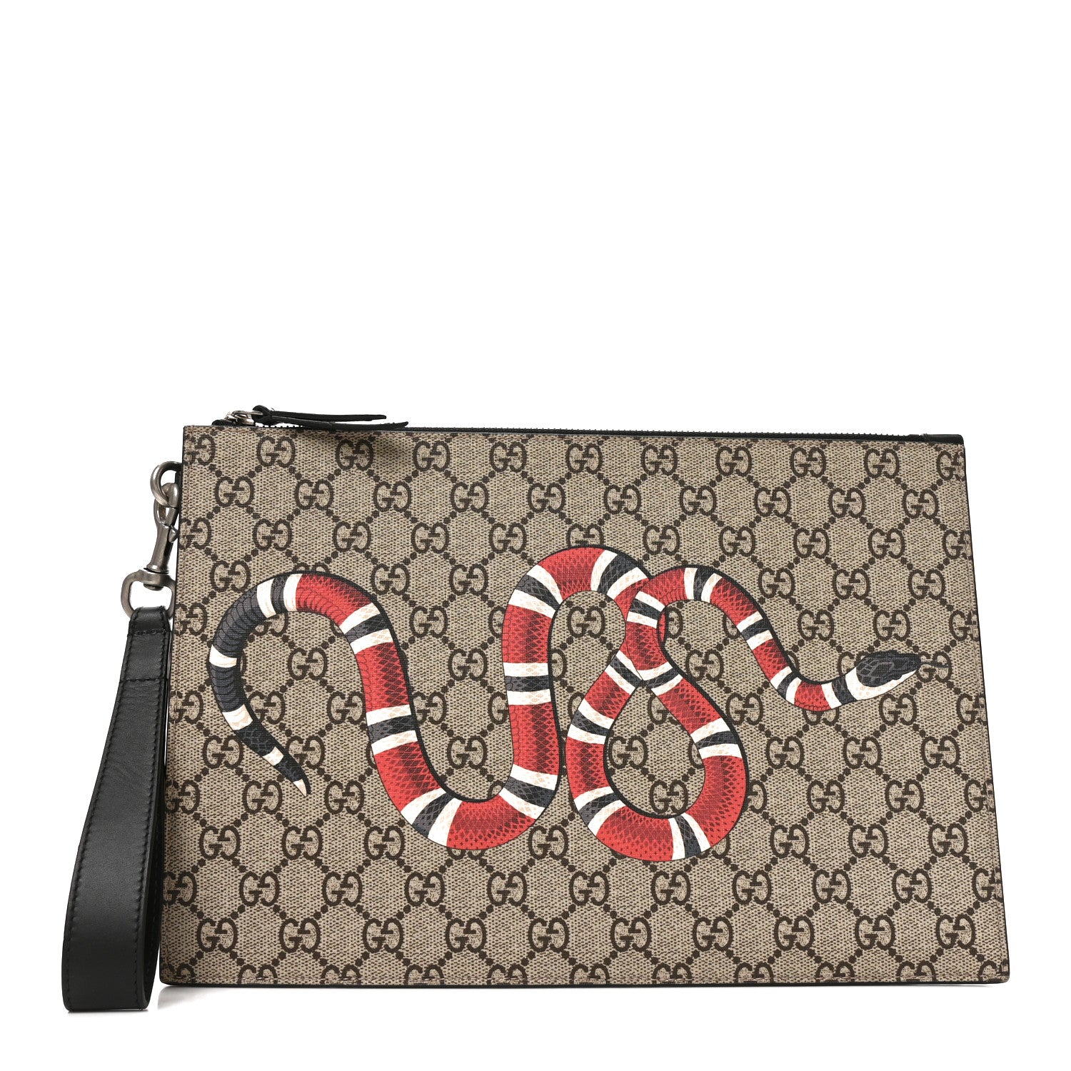 Gucci GG Supreme Monogram Kingsnake Zip Wristlet Pouch Beige Black 1 of 7