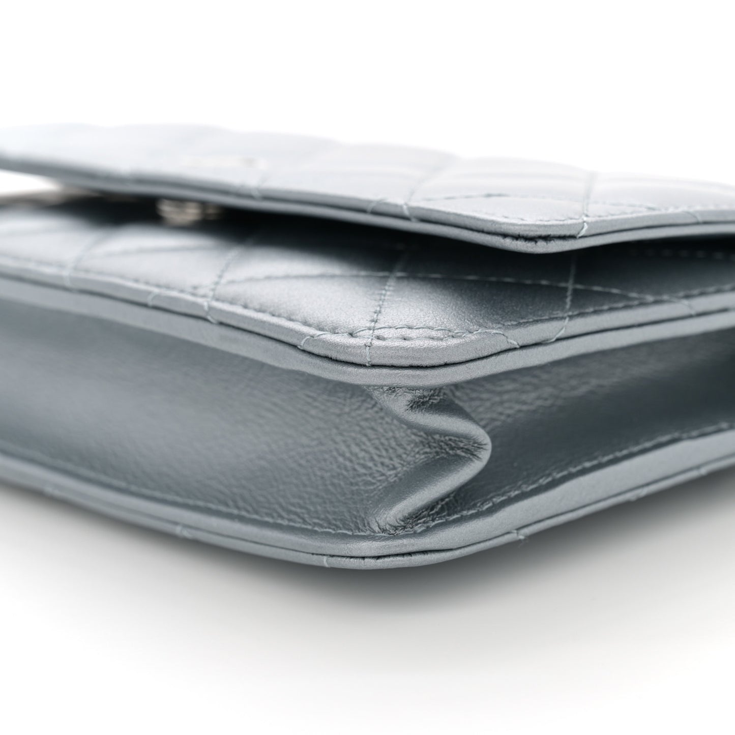 Metallic Lambskin Quilted Wallet On Chain WOC Silver