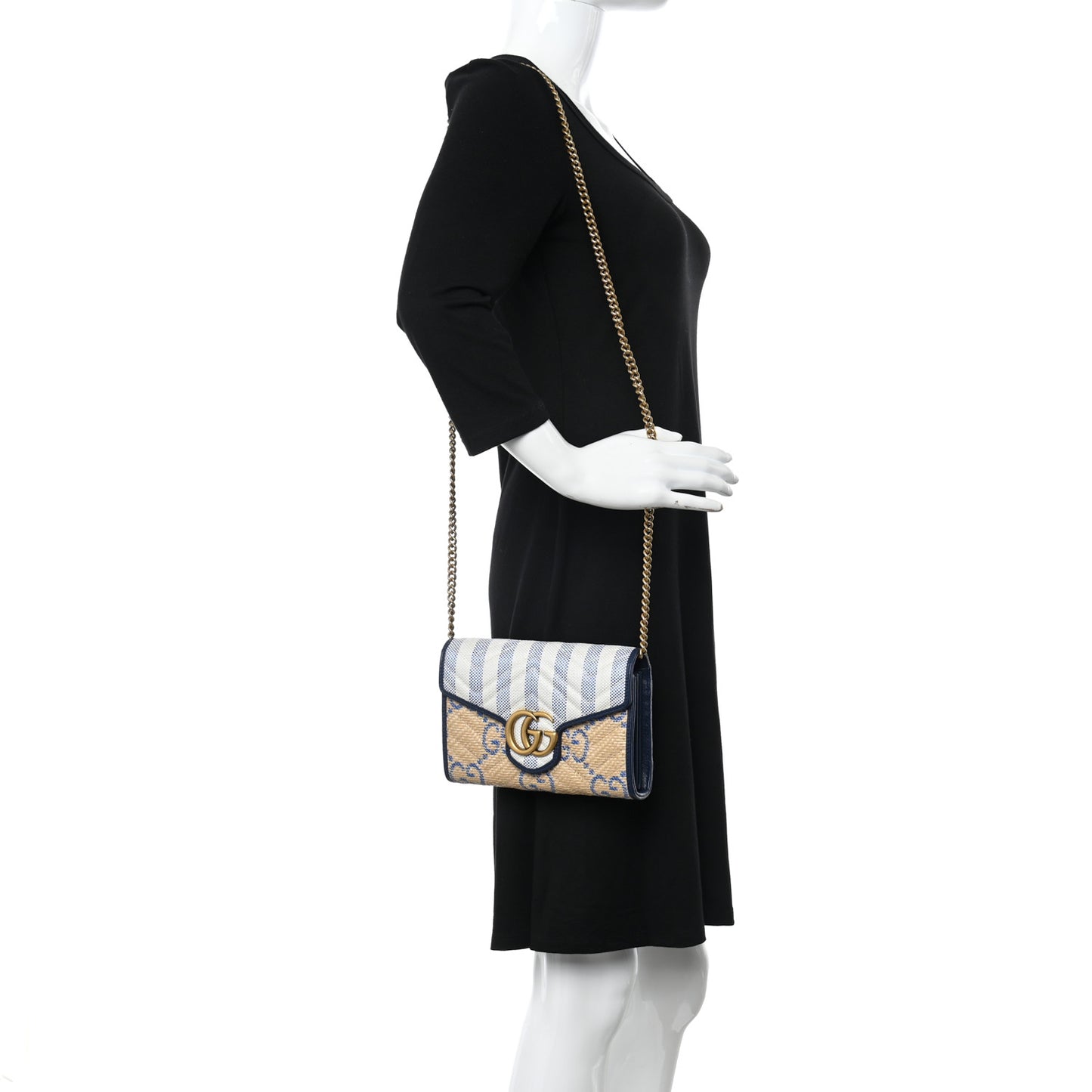 Raffia GG Monogram Matelasse GG Marmont Chain Wallet Mystic White Royale Natural