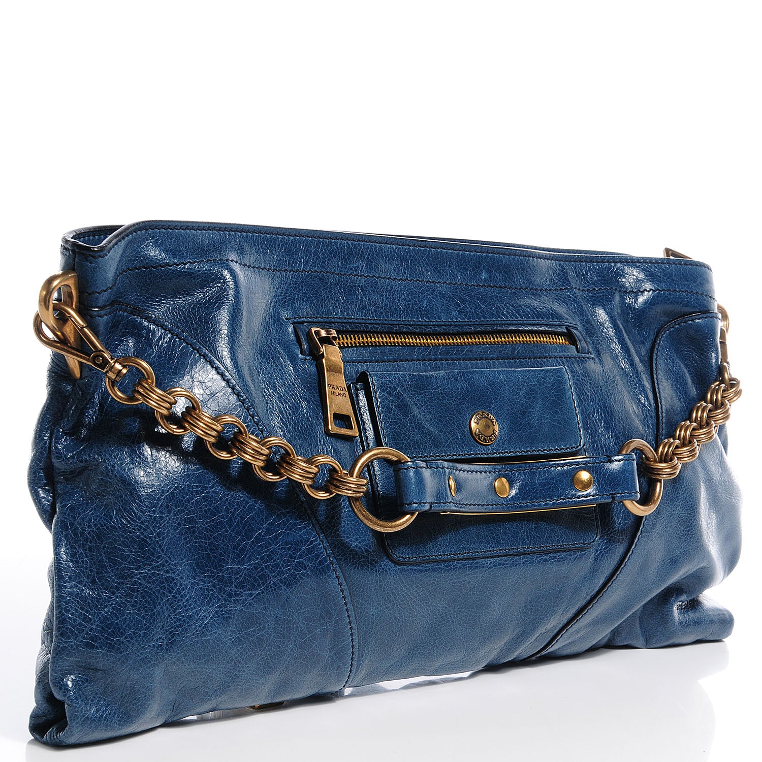 Prada Vitello Shine Clutch Bag Denim 3 of 8
