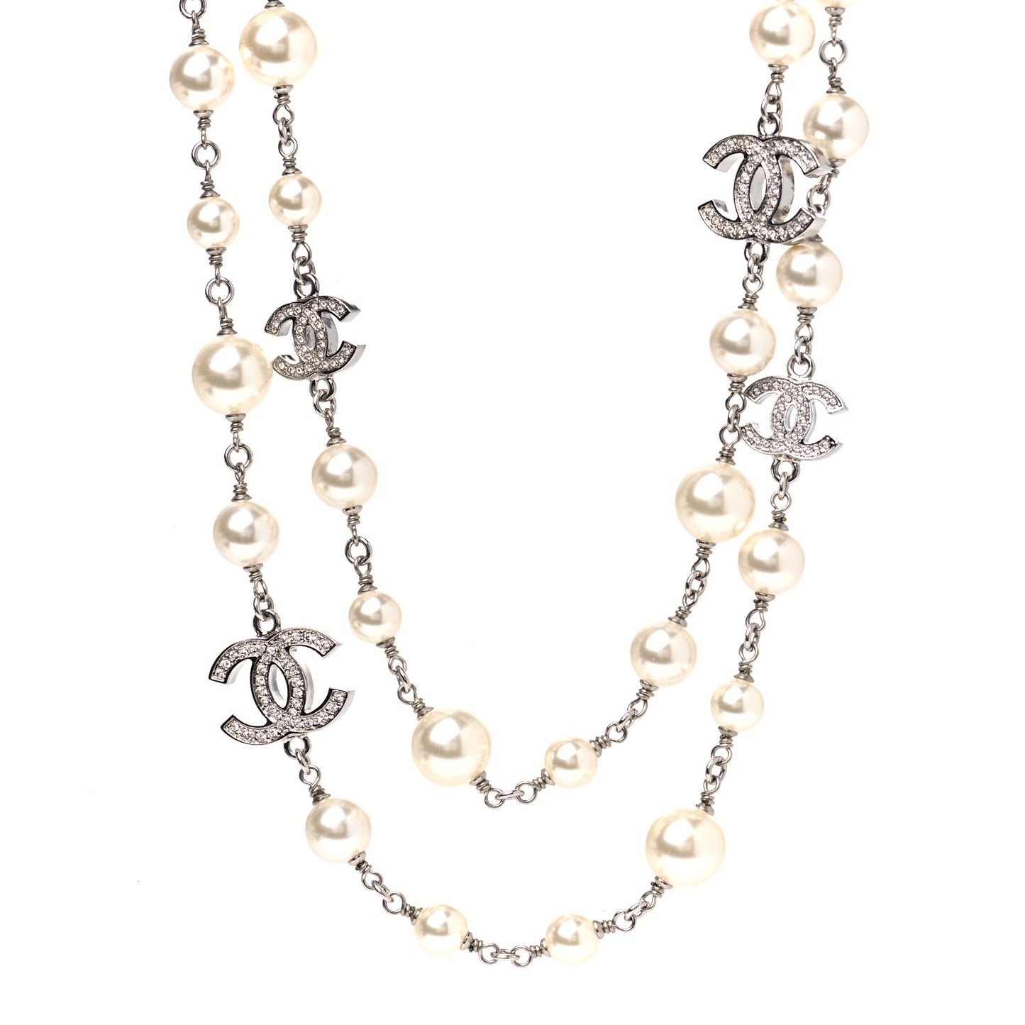 Crystal Pearl CC Long Necklace Silver