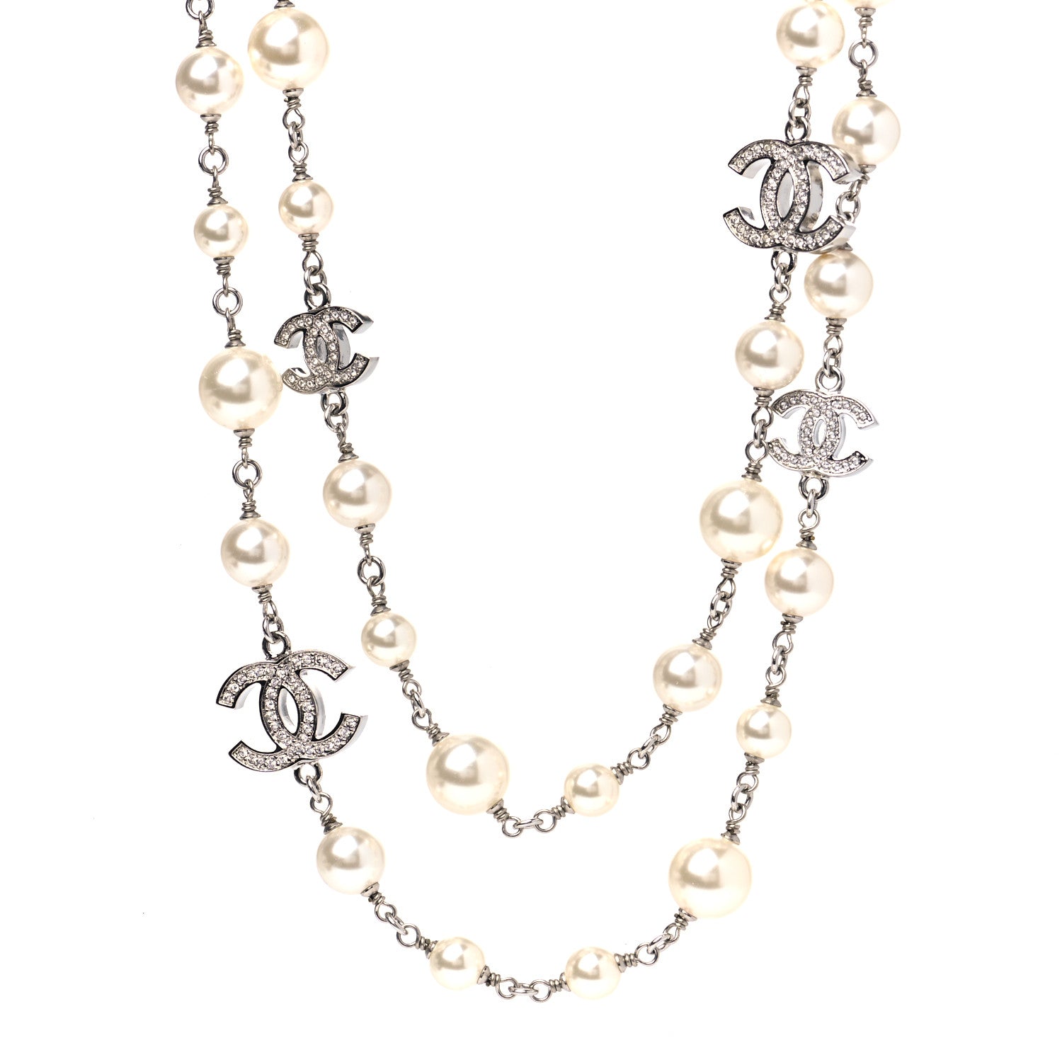 Chanel Crystal Pearl CC Long Necklace Silver 2 of 4