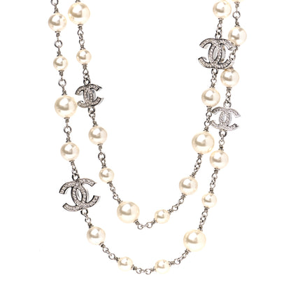 Chanel Crystal Pearl CC Long Necklace Silver 2 of 4