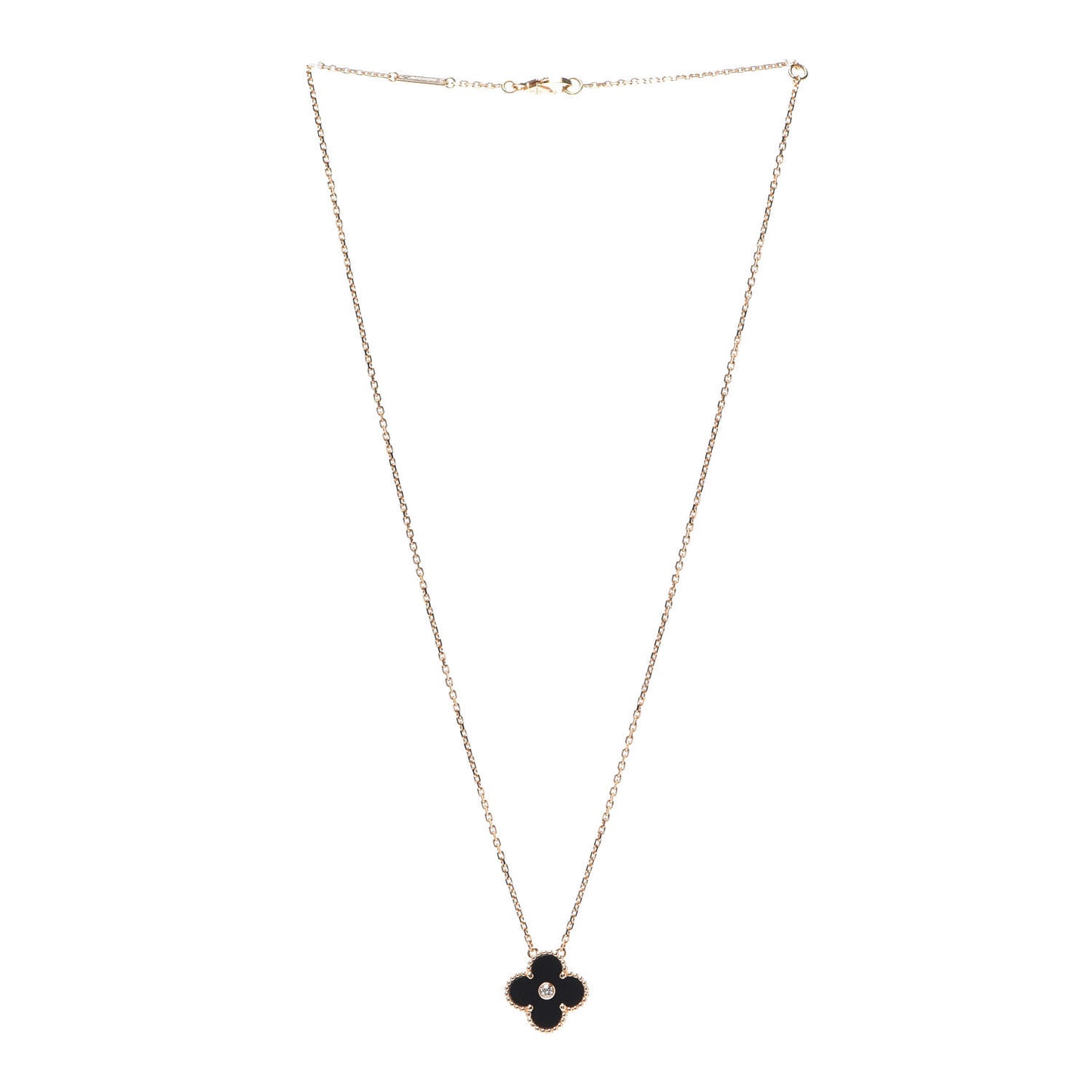 18K Rose Gold Diamond Black Onyx Vintage Alhambra Pendant Necklace