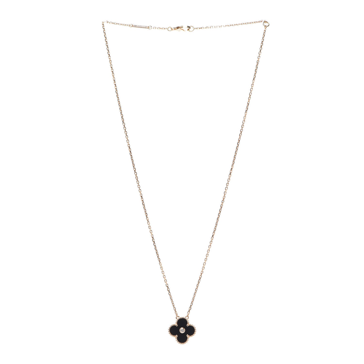 Van Cleef & Arpels 18K Rose Gold Diamond Black Onyx Vintage Alhambra Pendant Necklace 3 of 7