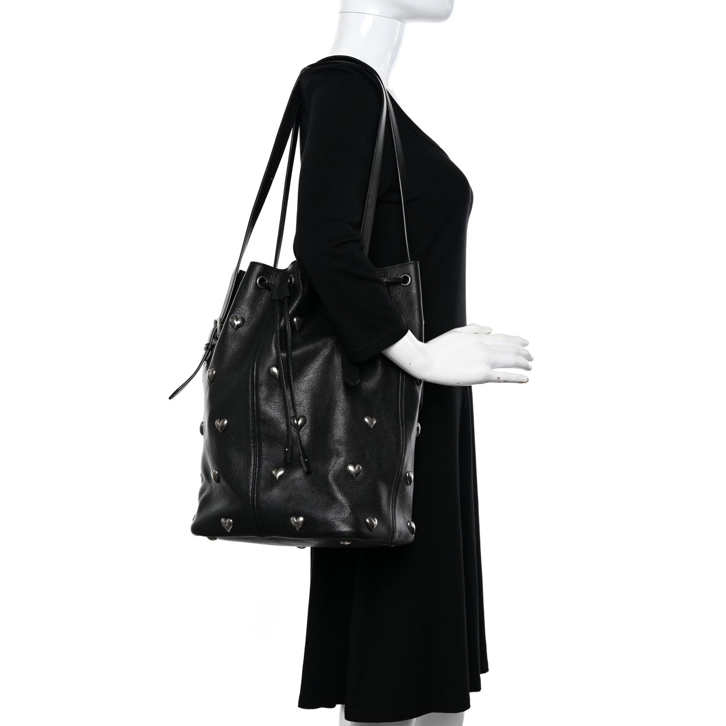 Lambskin Medium Heart Studded Riva Bucket Bag Black