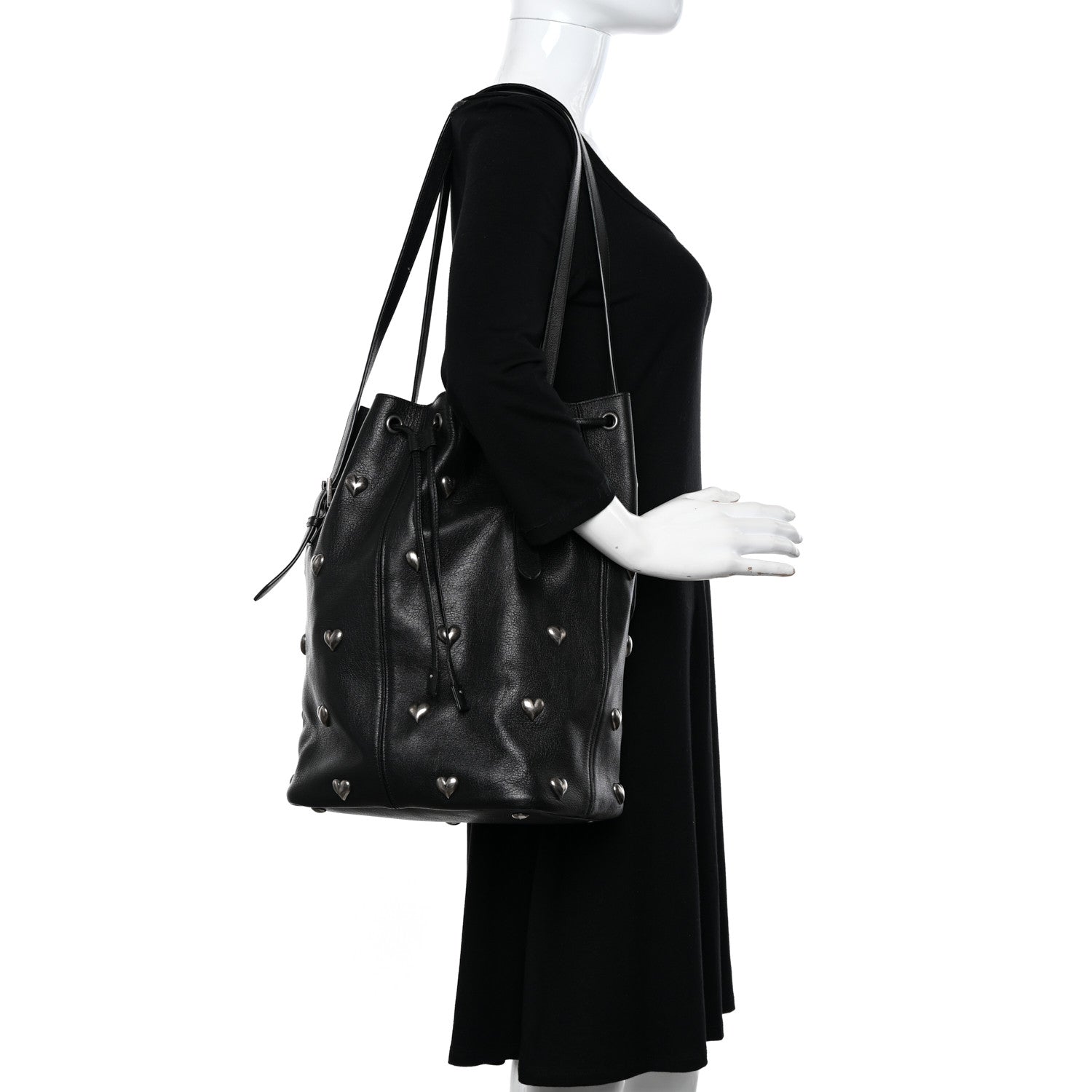 Saint Laurent Lambskin Medium Heart Studded Riva Bucket Bag Black 2 of 11