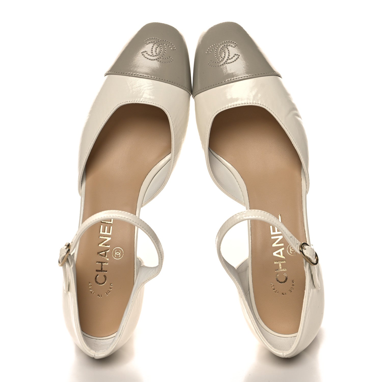 Chanel Shiny Lambskin CC Cap Toe Mary Janes Pumps 40 White Light Beige 2 of 10