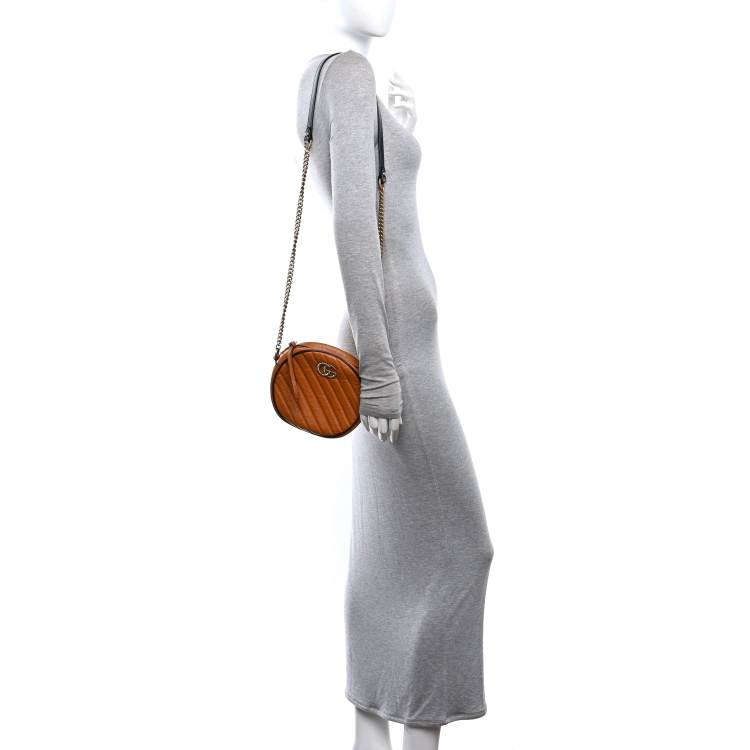 Gucci Azalea Calfskin Matelasse Diagonal Mini Torchon GG Marmont Round Shoulder Bag Cognac Black 2 of 10
