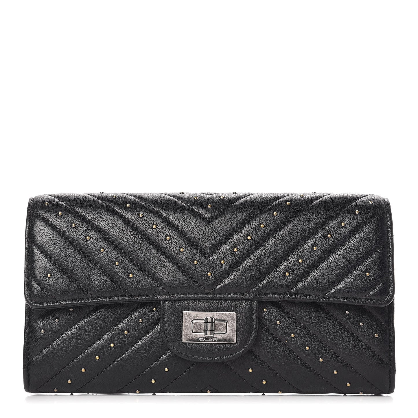 Sheepskin Chevron Quilted Studded Reissue Flap Wallet Black