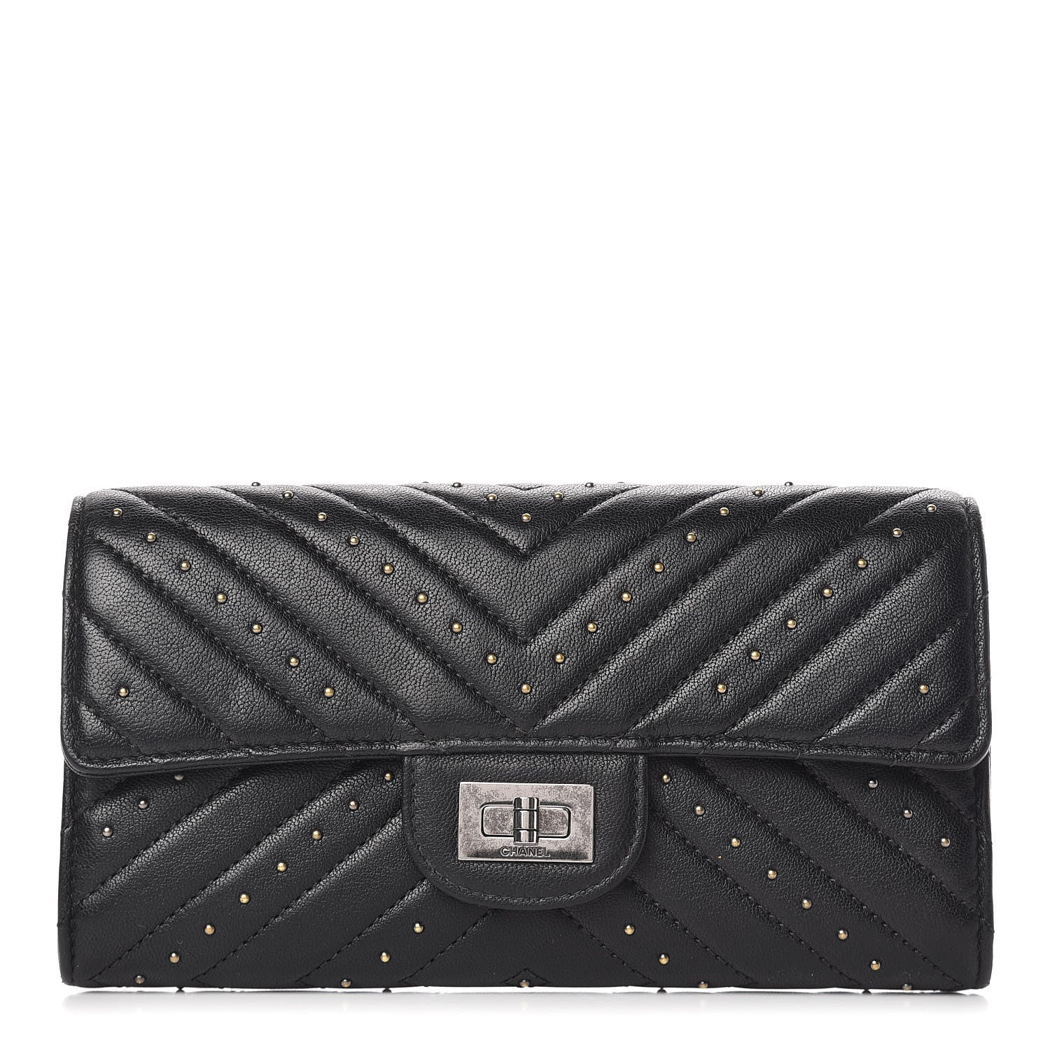 Chanel Sheepskin Chevron Quilted Studded Reissue Flap Wallet Black 1 of 9