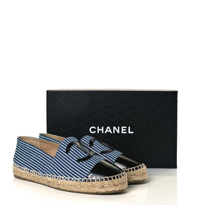 Chanel Canvas Striped Patent CC Espadrilles 40 Navy Black 10 of 10